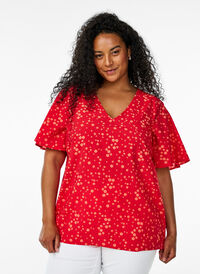 Blomstret bluse med flaggermusermer, Rød Blomstret bluse med flaggermusermer, Rød, Model