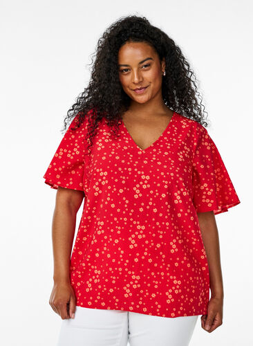 Zizzi Blomstret bluse med flaggermusermer, Rød, Model image number 0