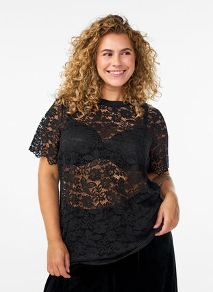 Zizzi Bluse med blonder, korte ermer og rund hals, Svart, Model image number 0