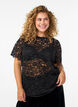Bluse med blonder, korte ermer og rund hals, Svart, Model image number 0