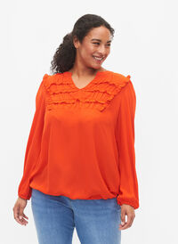 Langermet bluse med frynsete detaljer, Orange.com, Model