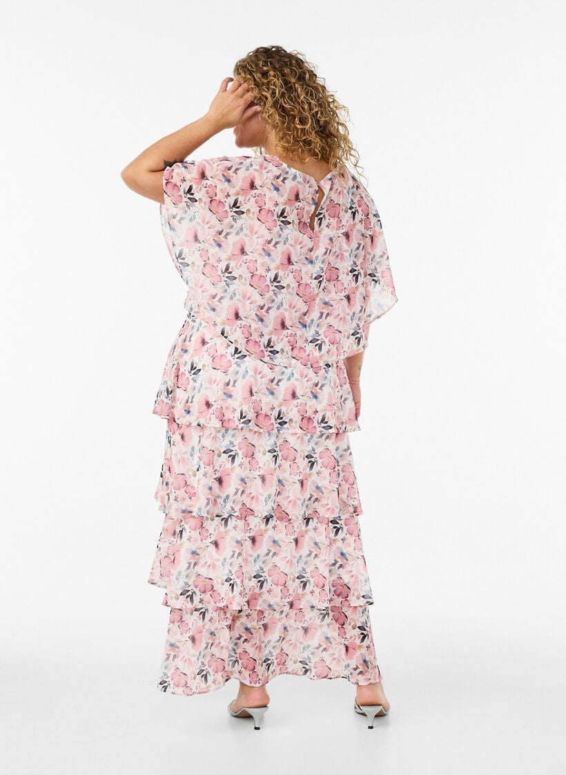 Maxikjole med rysjelag og avtakbar kappe, Hvit, Model image number 2