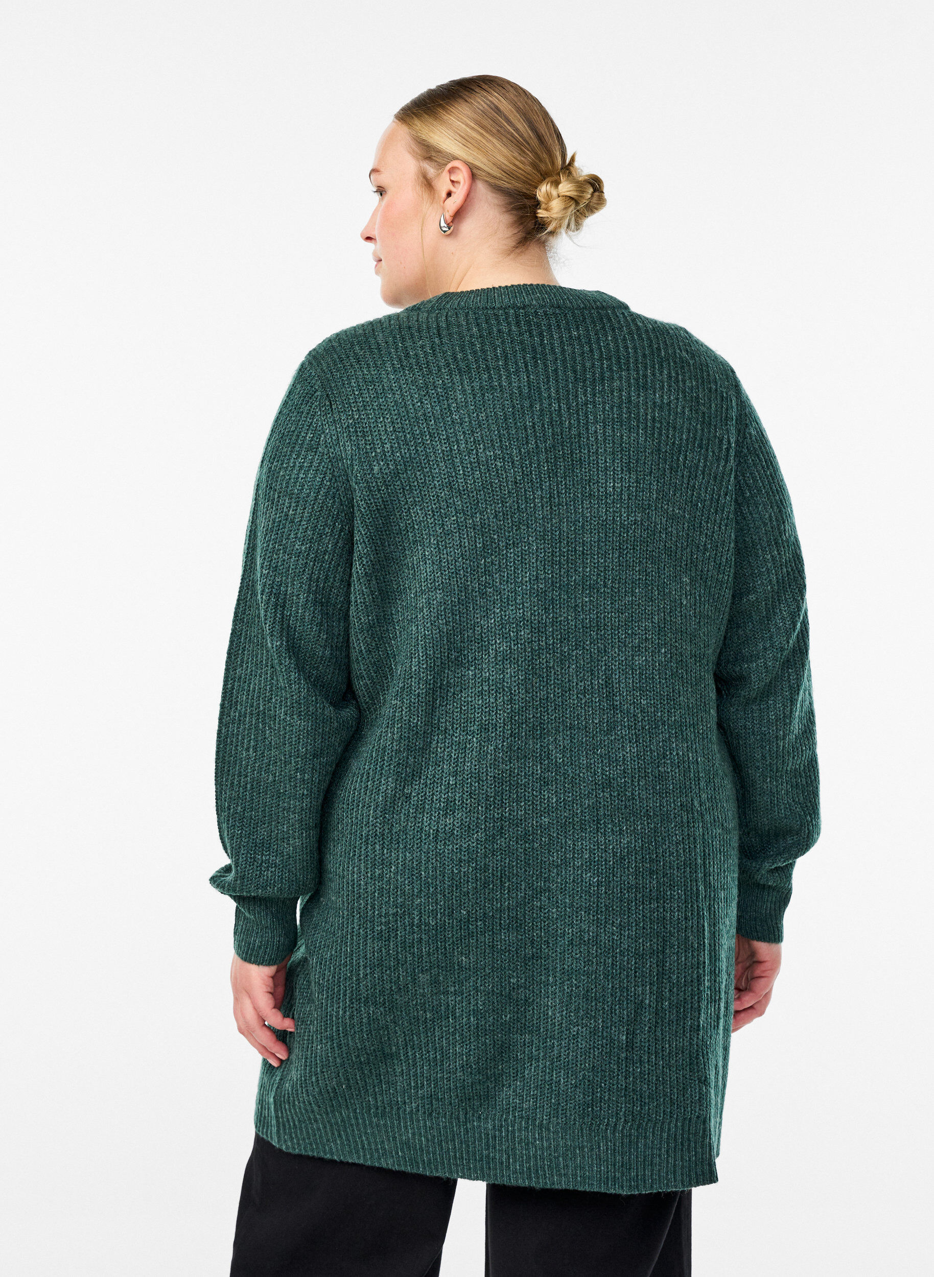 Zizzi FLASH - Lang ribbestrikket cardigan med lommer, Gr&oslash;nn, Model image number 2