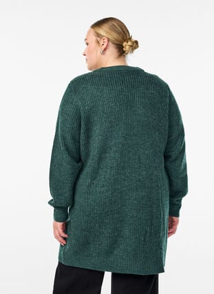Zizzi FLASH - Lang ribbestrikket cardigan med lommer, Grønn, Model image number 2