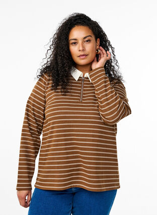 Zizzi Stripete poloskjorte med glidelås, Brun, Model image number 0