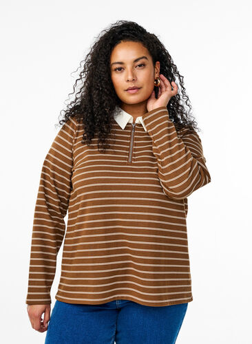 Zizzi Stripete poloskjorte med glidelås, Brun, Model image number 0