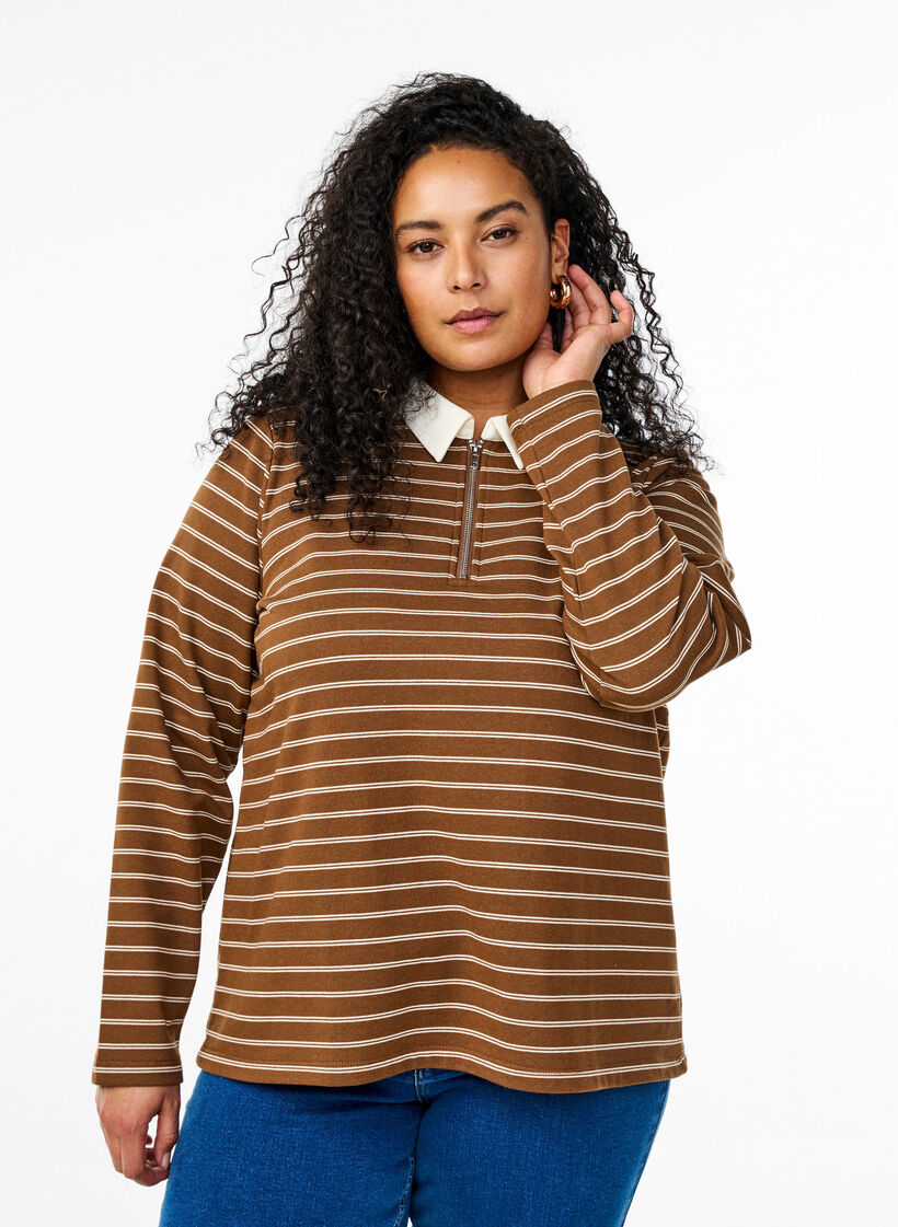 Stripete poloskjorte med glidelås, Brun, Model image number 0