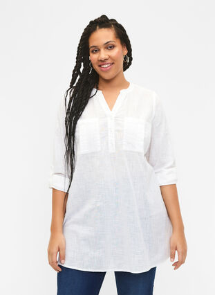 Zizzi Tunika i bomull med 3/4-ermer, Bright White, Model image number 0