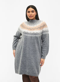 Mønstret strikket kjole med lange ermer, Medium G. Mel. Comb, Model