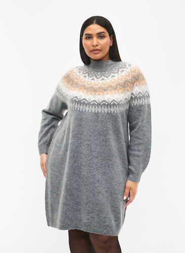 Mønstret strikket kjole med lange ermer, Medium G. Mel. Comb, Model image number 0
