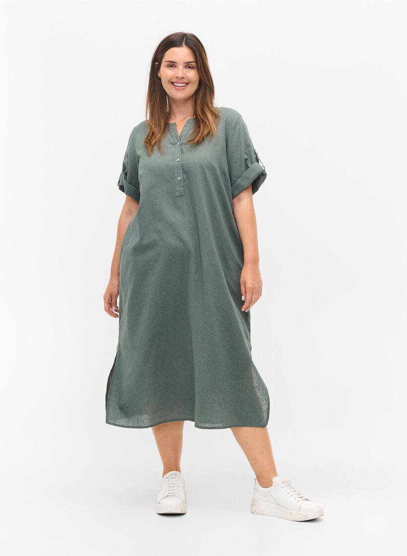 Lang skjortekjole med korte ermer, Balsam Green, Model image number 2