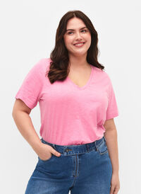 Kortermet basic T-skjorte med V-hals, Rosebloom, Model