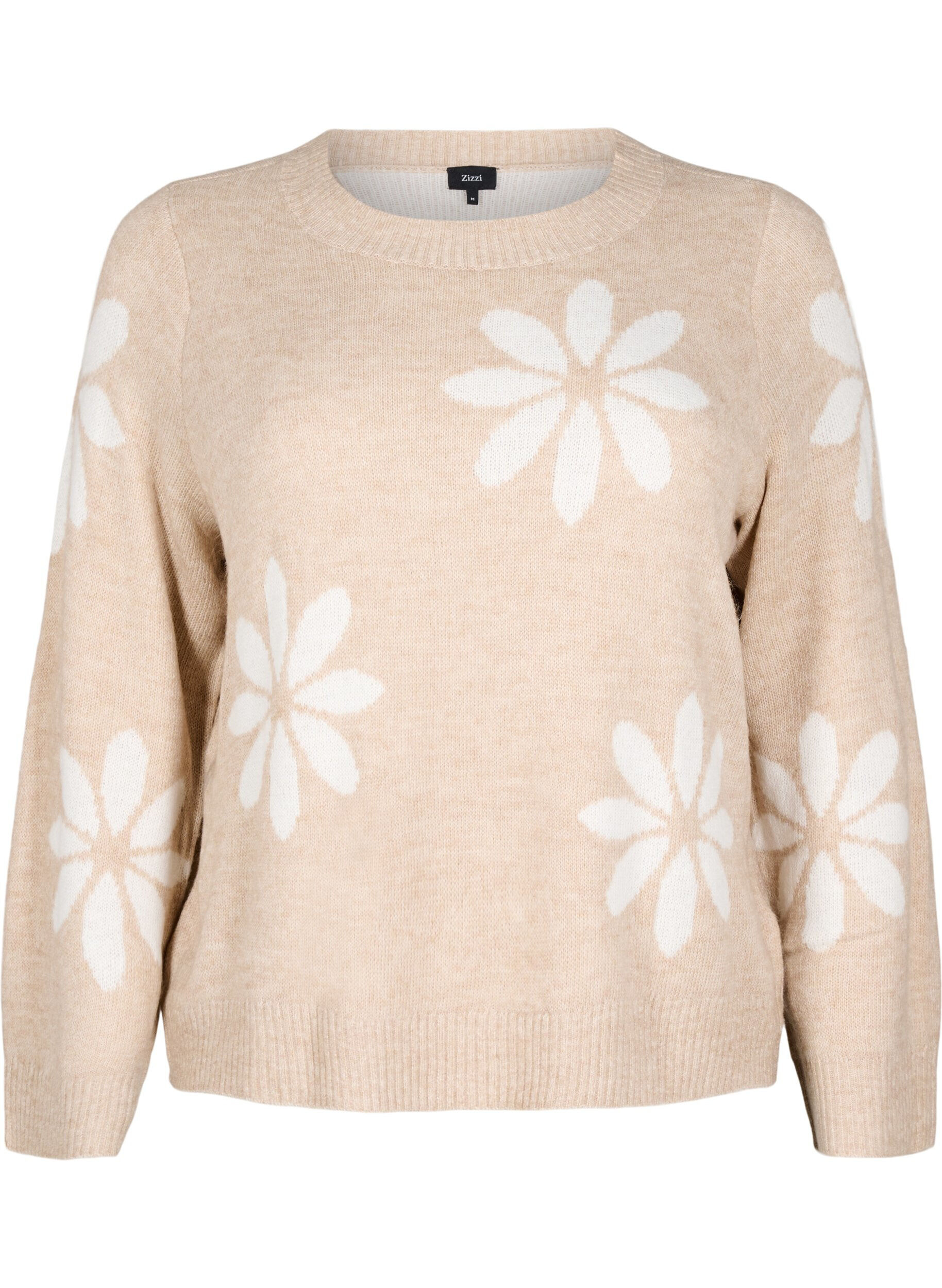 ZizziStrikket bluse med blomster, Simply Taupe Comb, Packshot image number 0
