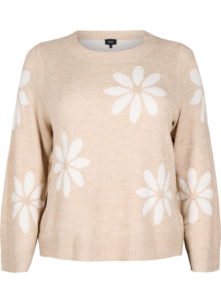 Strikket bluse med blomster, Simply Taupe Comb, Packshot image number 0