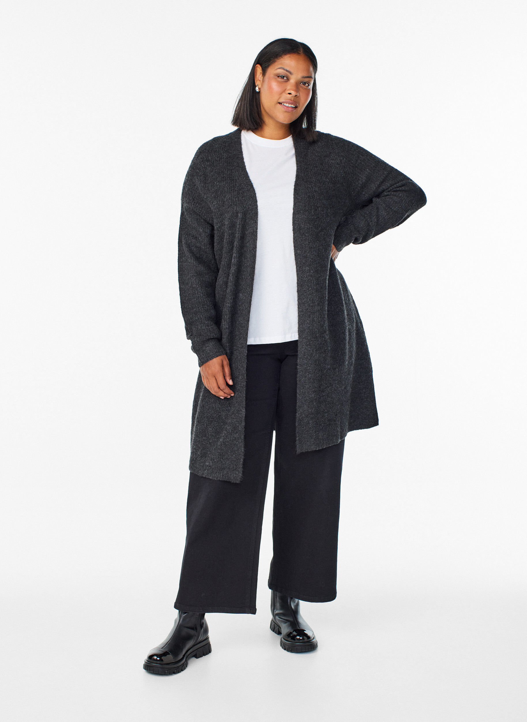 Zizzi FLASH - Lang ribbestrikket cardigan med &aring;pen front, Gr&aring;, Model image number 1