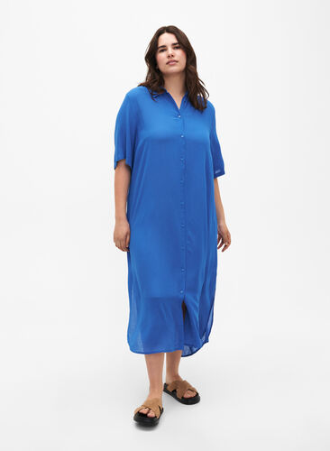 Skjortekjole i viskose med korte ermer, Victoria blue, Model image number 0