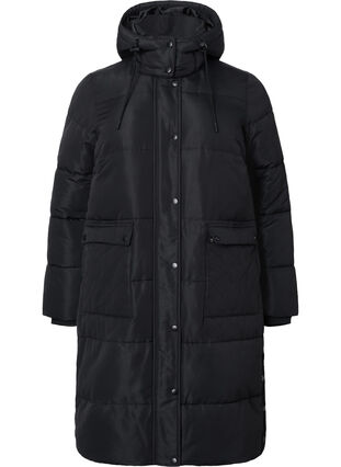Lang Puffer jakke med lommer og hette, Black, Packshot image number 0