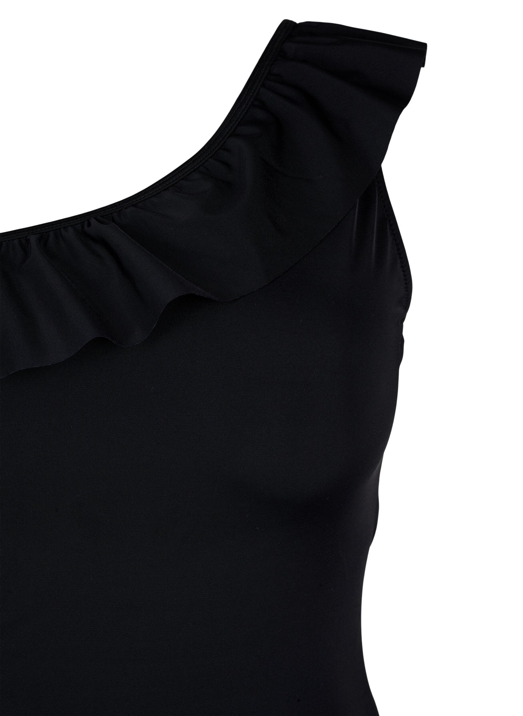 Zizzi One-Shoulder badet&oslash;y med ruffle, Black, Packshot image number 2