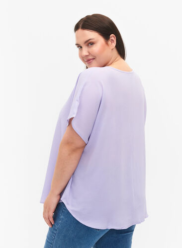 Bluse med korte ermer og rund hals, Lavender, Model image number 1