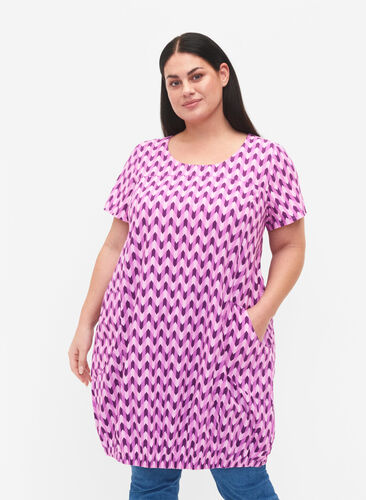 Kortermet bomullskjole med mønster, Graphic Color, Model image number 0