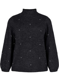 Strikket bluse med smykkestein og høy utringning, Dark Grey Melange