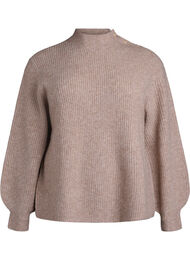 Ribbestrikket genser med puffede ermer og knapper, Simply Taupe Mel.