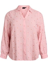Langermet bluse i bomullsmusselin med broderte motiver, Rosa