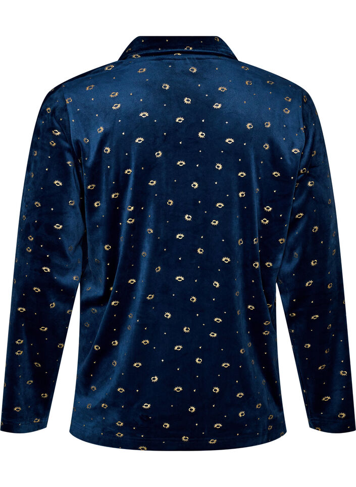 Velour pyjamas-skjorte med all-over trykk, Bl&aring;, Packshot image number 1