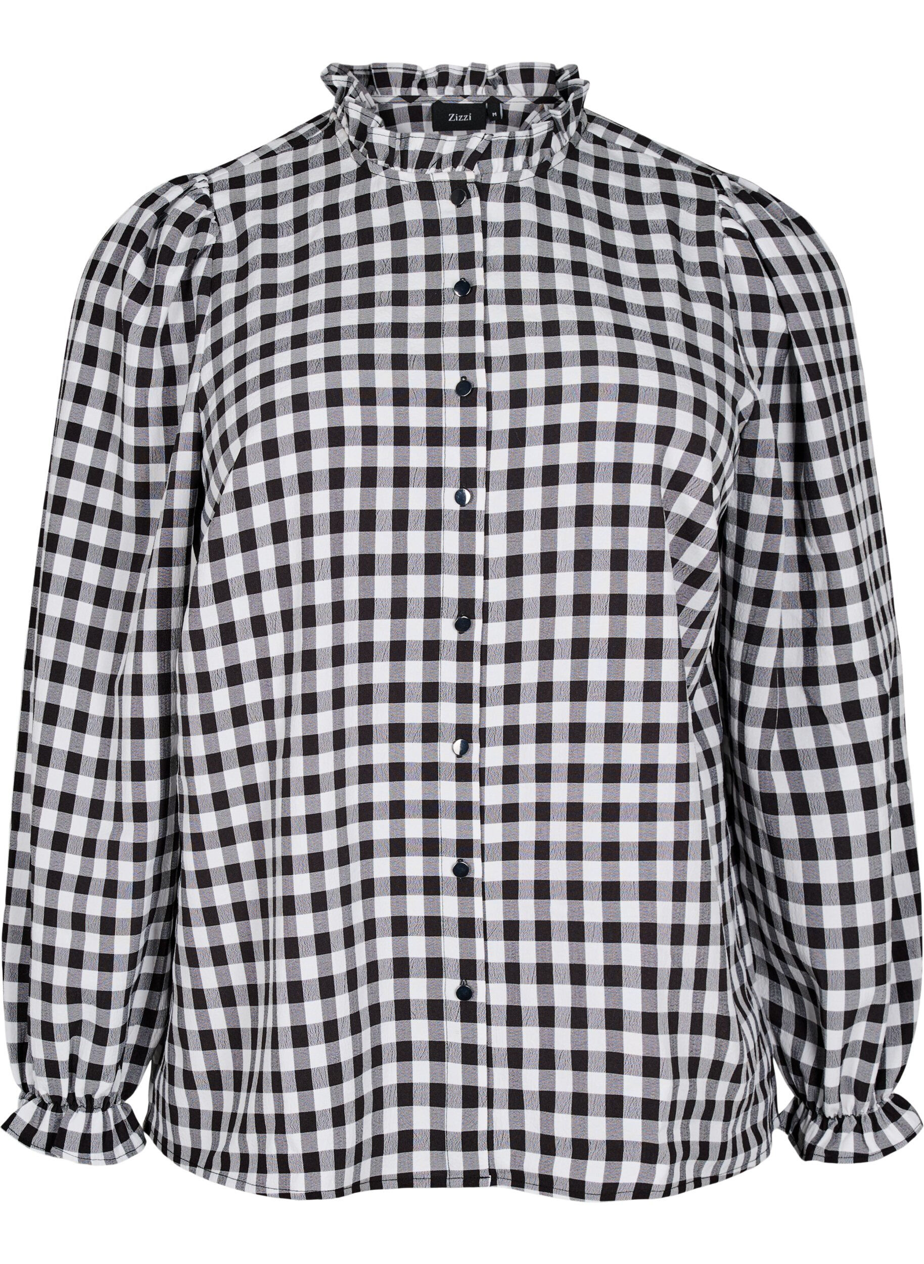 Zizzi Rutete bluse med volangdetaljer, Black/W. Gingham, Packshot image number 0