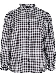 Rutete bluse med volangdetaljer, Black/W. Gingham