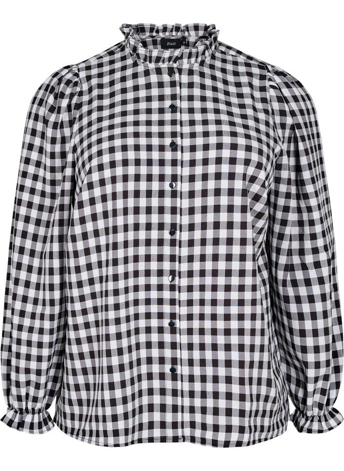 Rutete bluse med volangdetaljer, Black/W. Gingham, Packshot image number 0