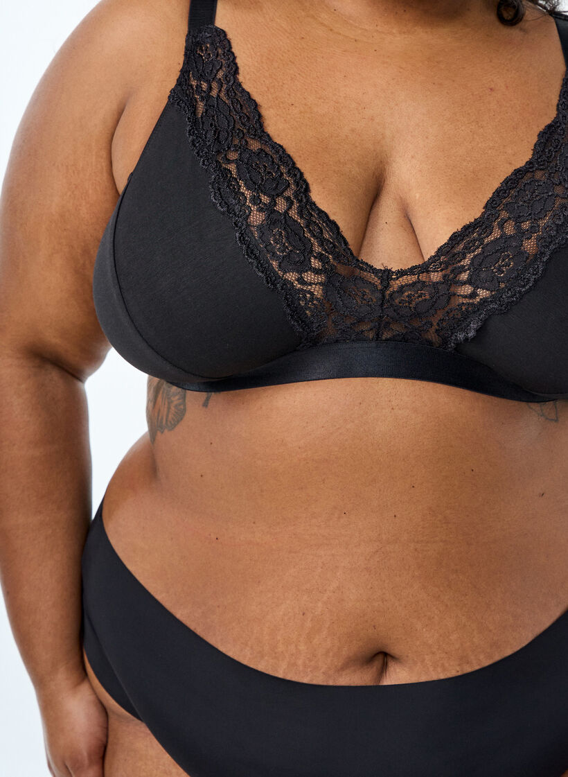 Bralette i bomull med blonder, Svart, Model image number 3