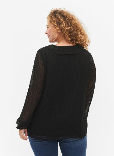 Bluse med volanger og prikkete tekstur, Black, Model image number 1