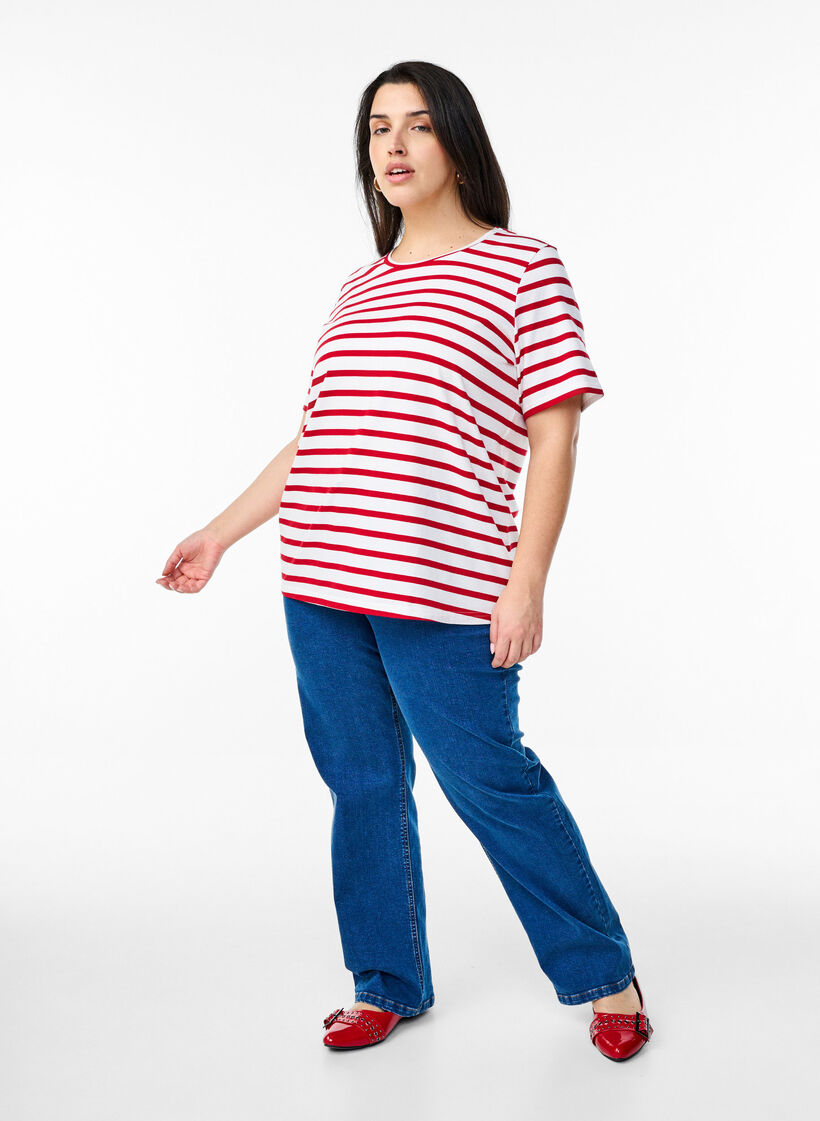 T-skjorte i økologisk bomull med striper, Urban Red B.W.Stripe, Model