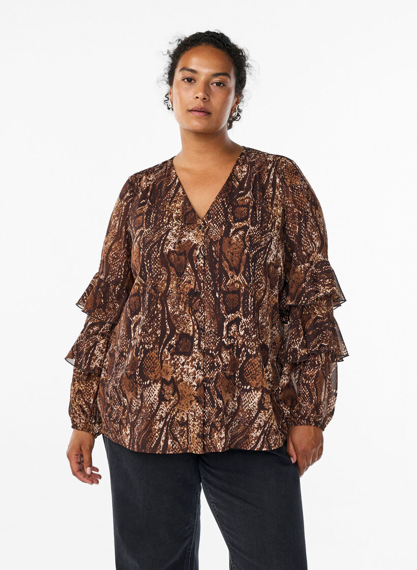 Bluse med dyretrykk og volanger, Brown Snake AOP, Model