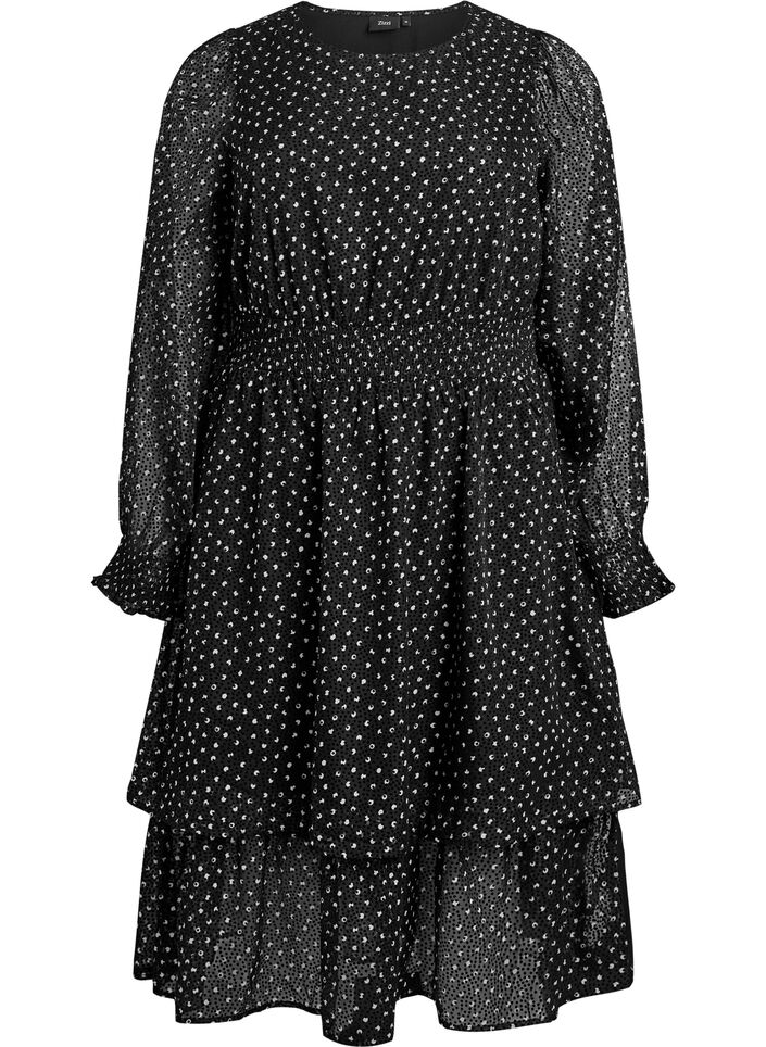 Midikjole i chiffon med prikkete mønster, Svart, Packshot image number 0