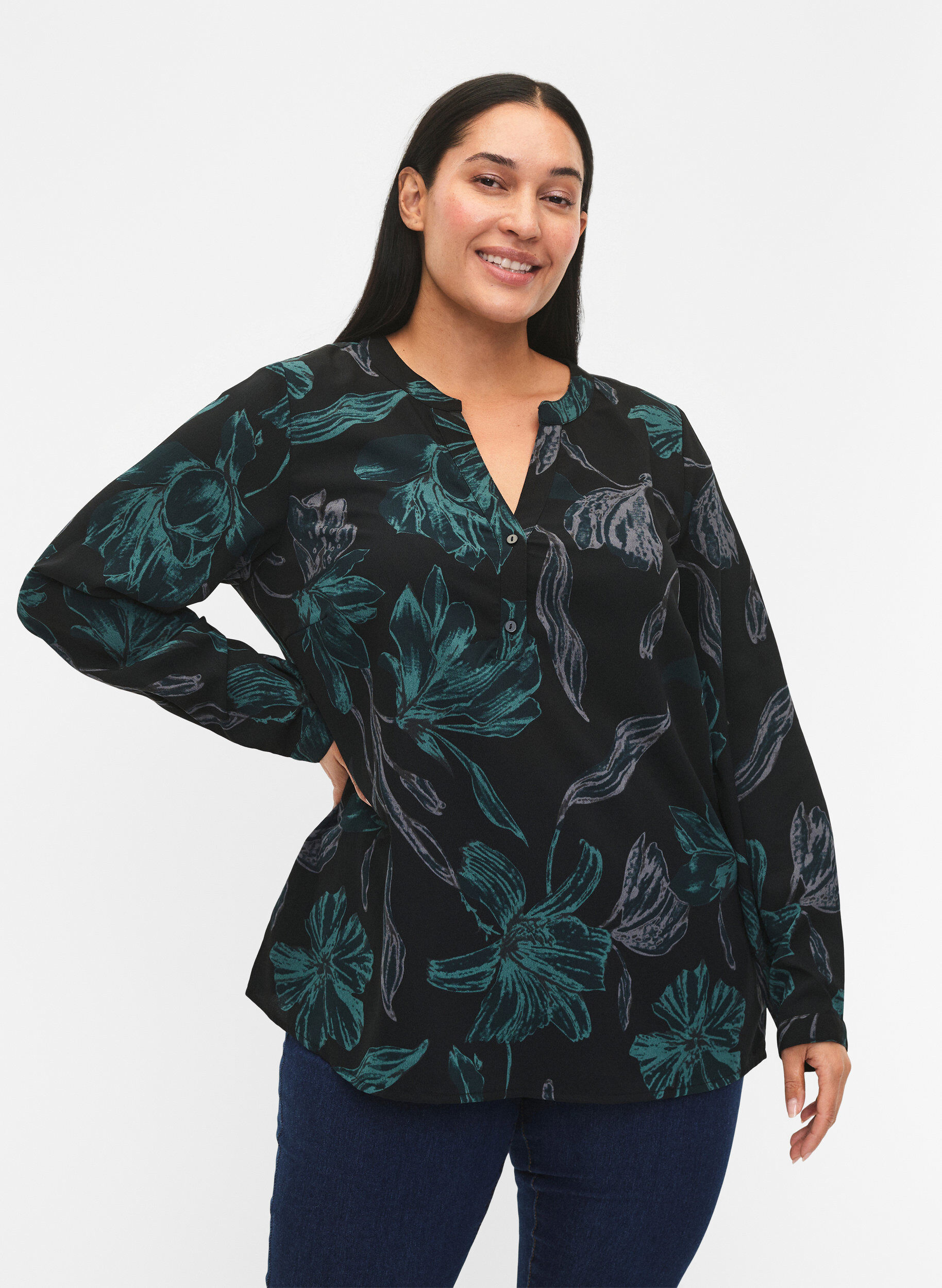 Zizzi FLASH - bluse med lange ermer og trykk, Black Scarab Flower, Model image number 0