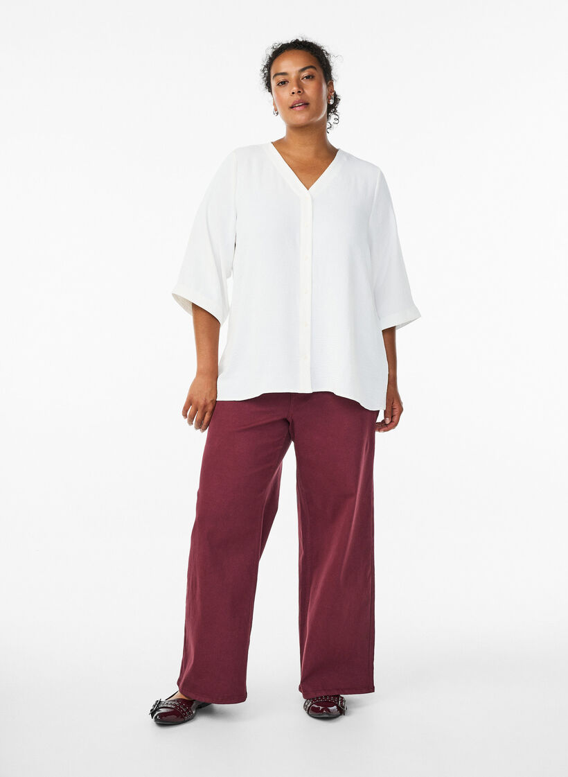 Skjortebluse med v-hals og 3/4 ermer, Vanilje, Model image number 1