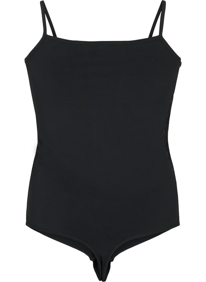 Bodystocking med blonder og smale stropper, Black, Packshot image number 1