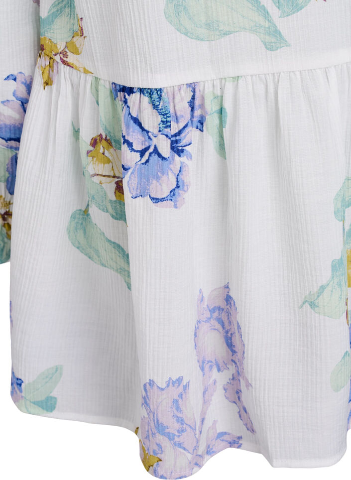 Plissért tunika med lange ermer og blomstertrykk, Hvit, Packshot image number 3