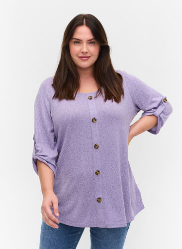 Bluse med knapper og 3/4-ermer, Purple Melange, Model image number 0