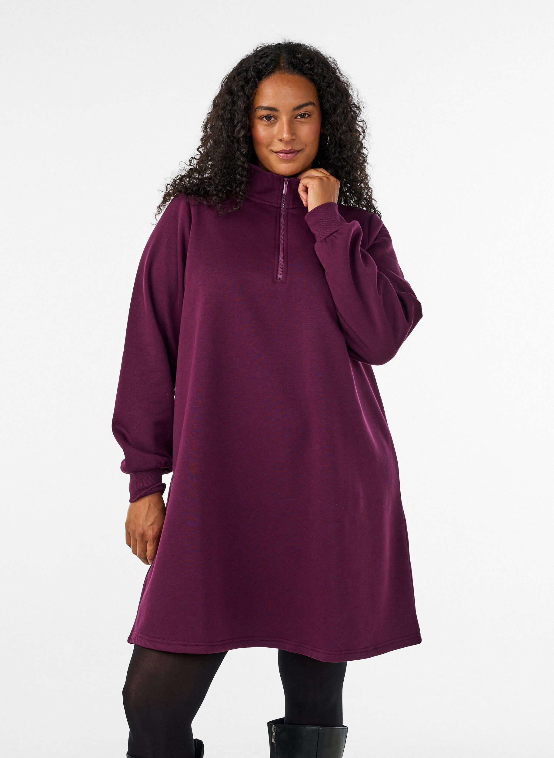 ZizziGenserkjole med h&oslash;y ribbekrage og glidel&aring;s, Lilla, Model image number 0