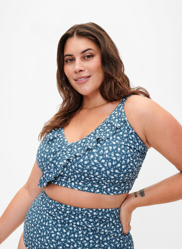 Zizzi Blomstrete bikinioverdel med volangdetaljer, Blå, Model image number 0