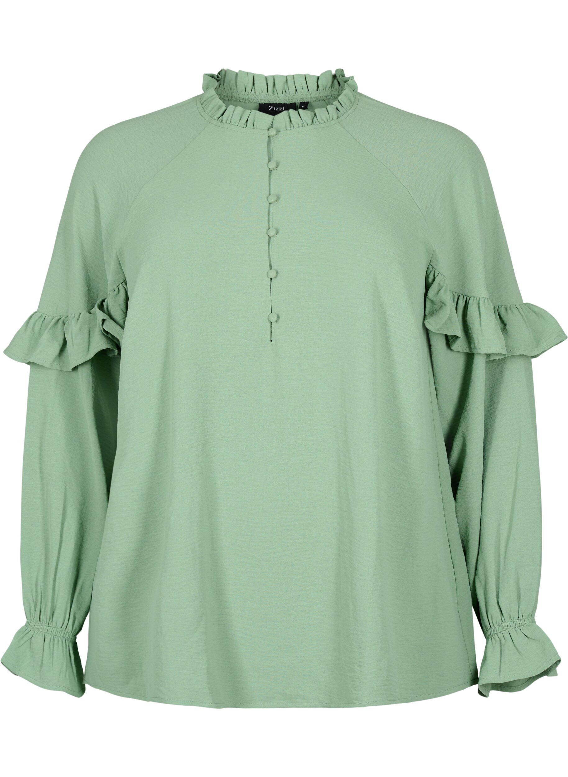 Zizzi Bluse med volanger og knapper, Green Bay, Packshot image number 0