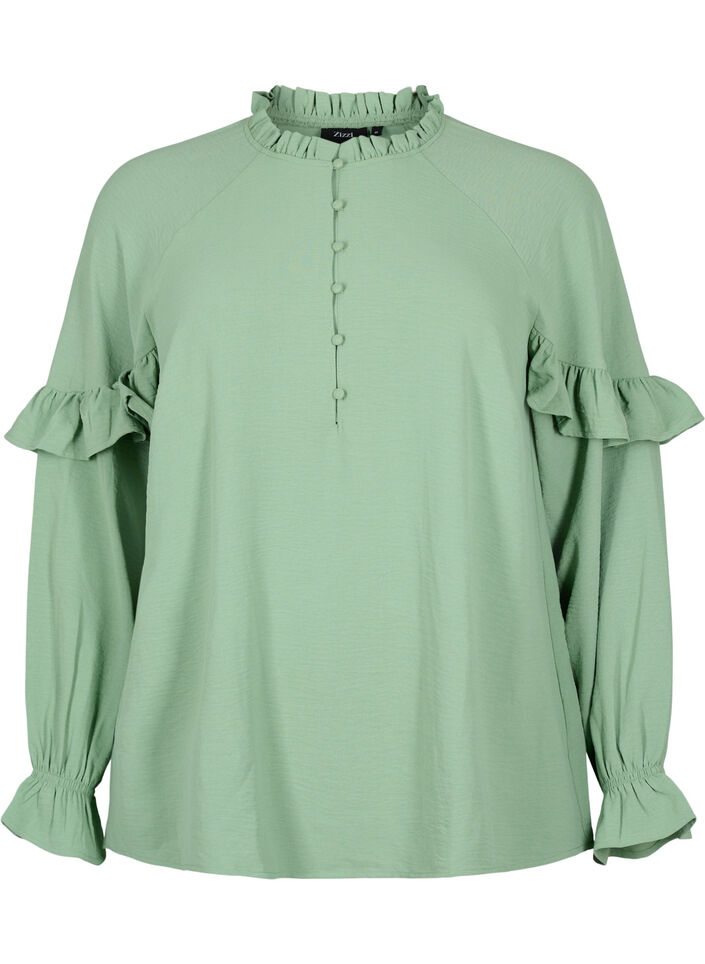 Bluse med volanger og knapper, Green Bay, Packshot image number 0