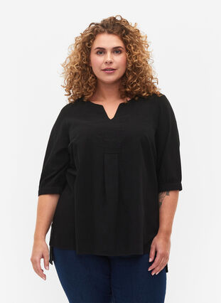 FLASH - Bluse i bomull med halvlange ermer, Black, Model image number 0
