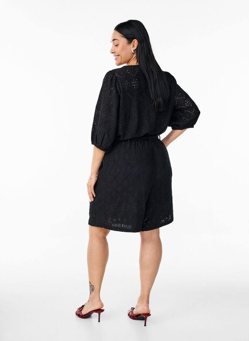 Buksedrakt med korte ermer og bindebånd, Black, Model