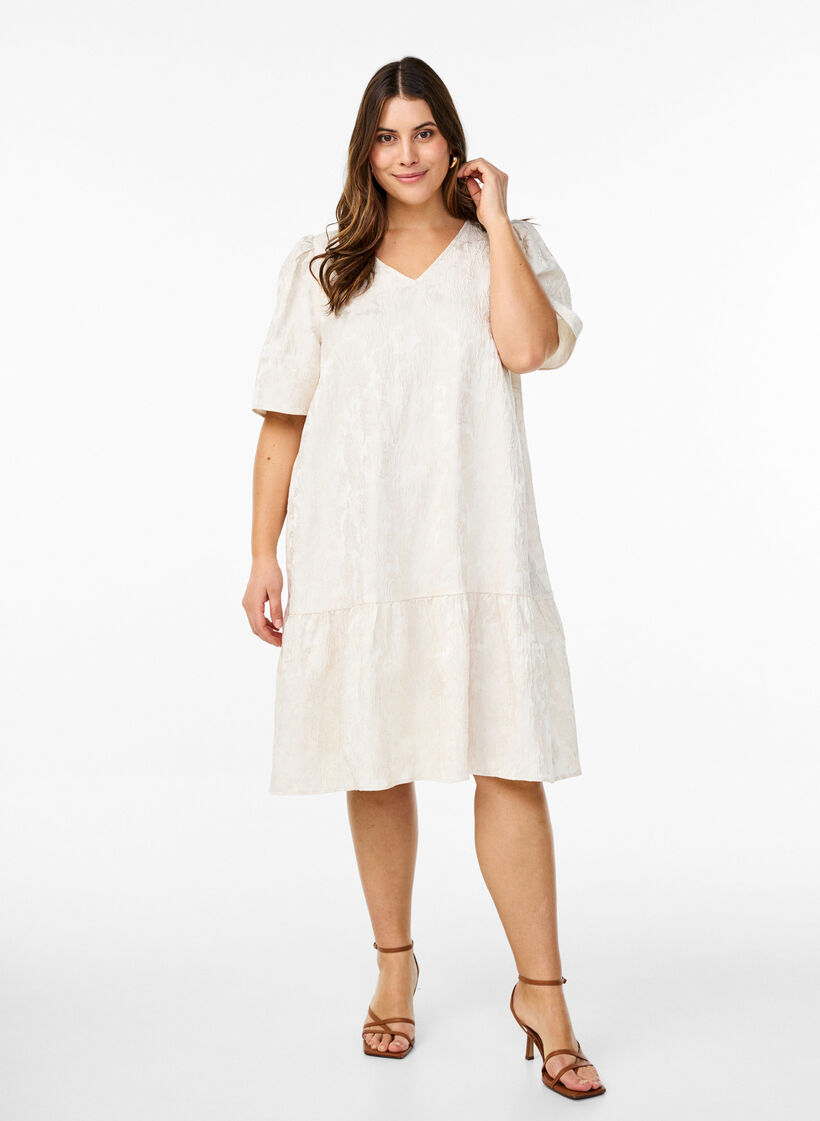 Knelang jacquard kjole med korte ermer, Whisper White, Model