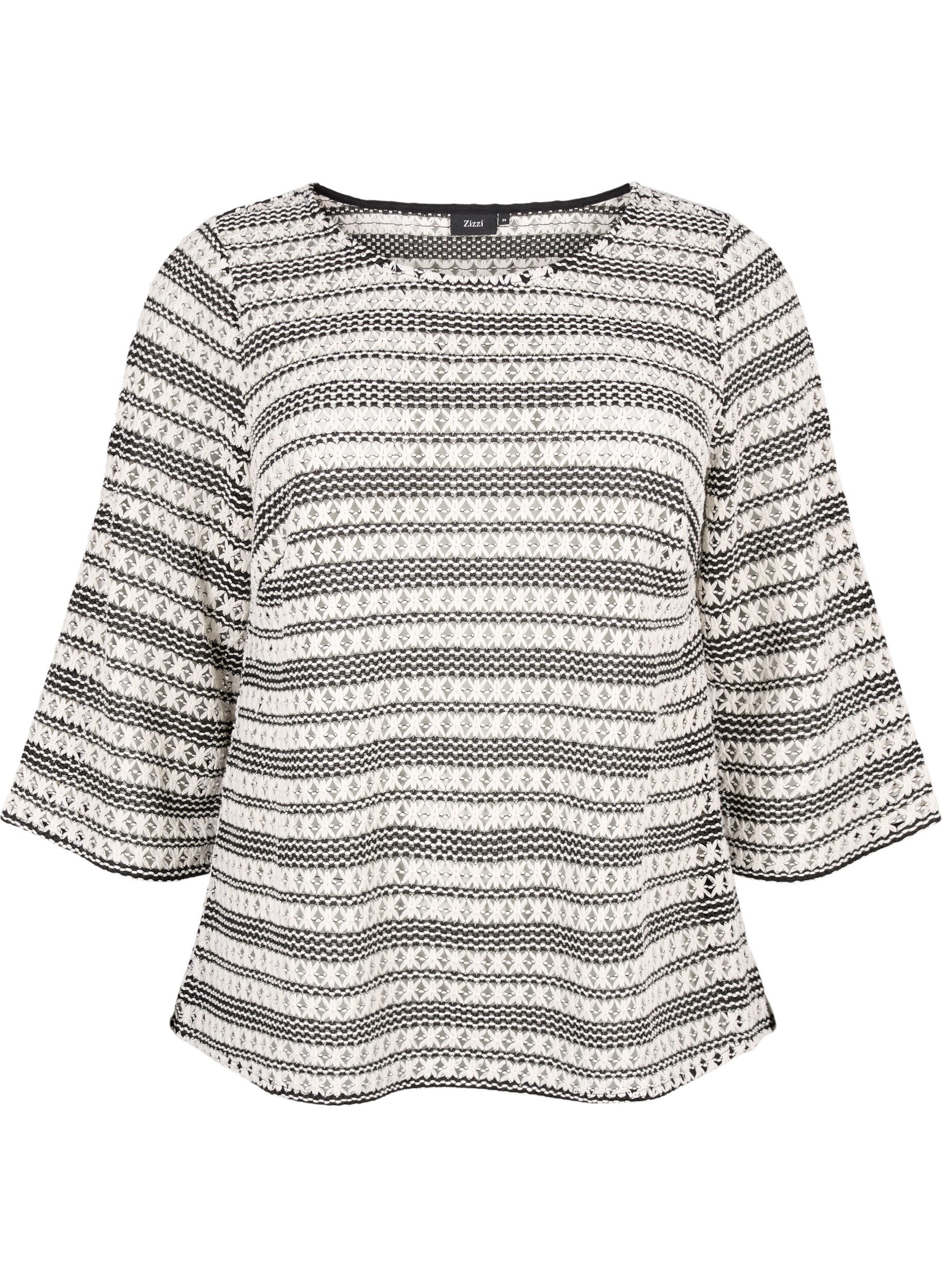 Zizzi Heklet bluse med 3/4-ermer, Black White, Packshot image number 0