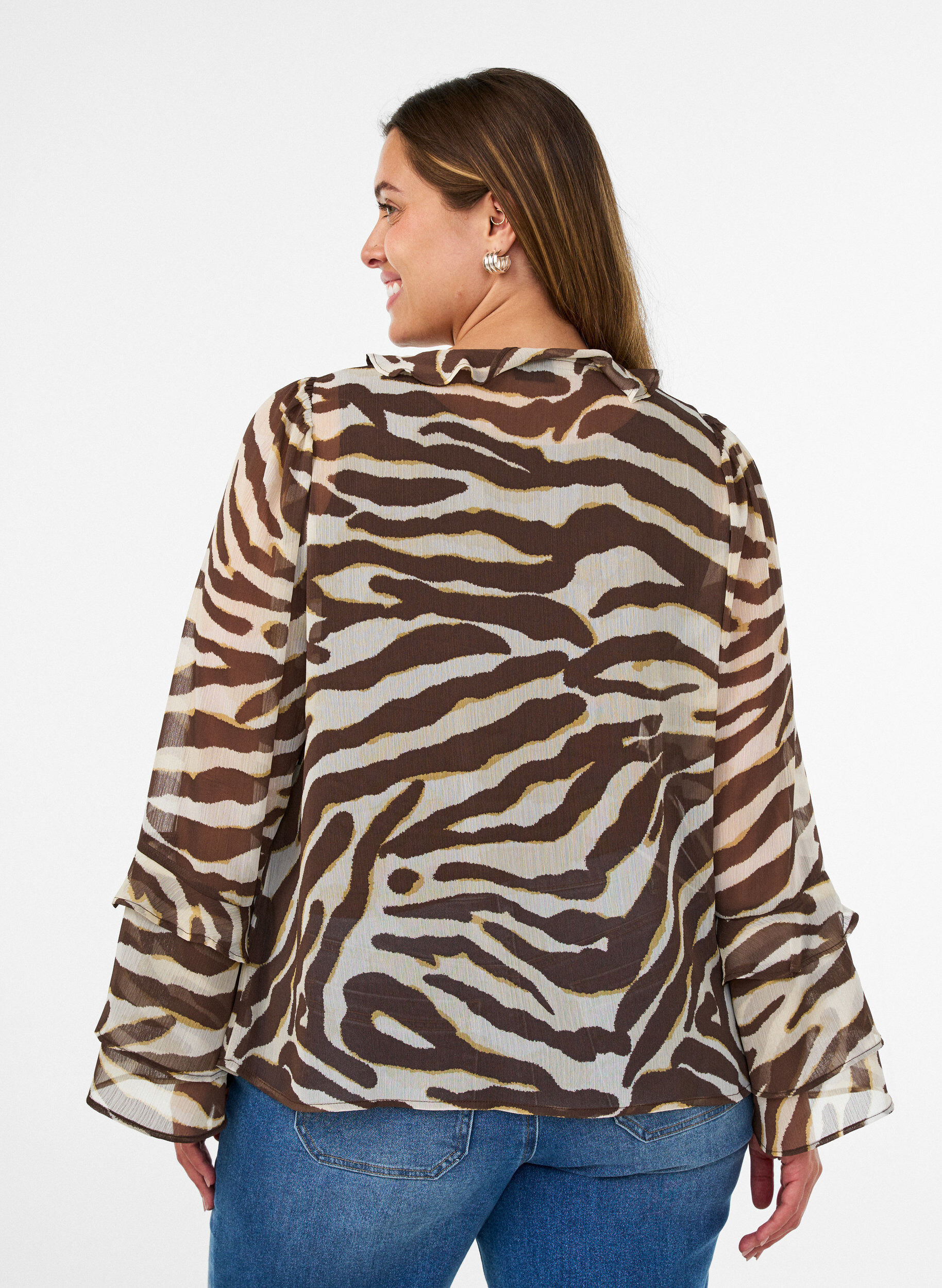 ZizziChiffonbluse med sebratrykk og volanger, Brun, Model image number 2